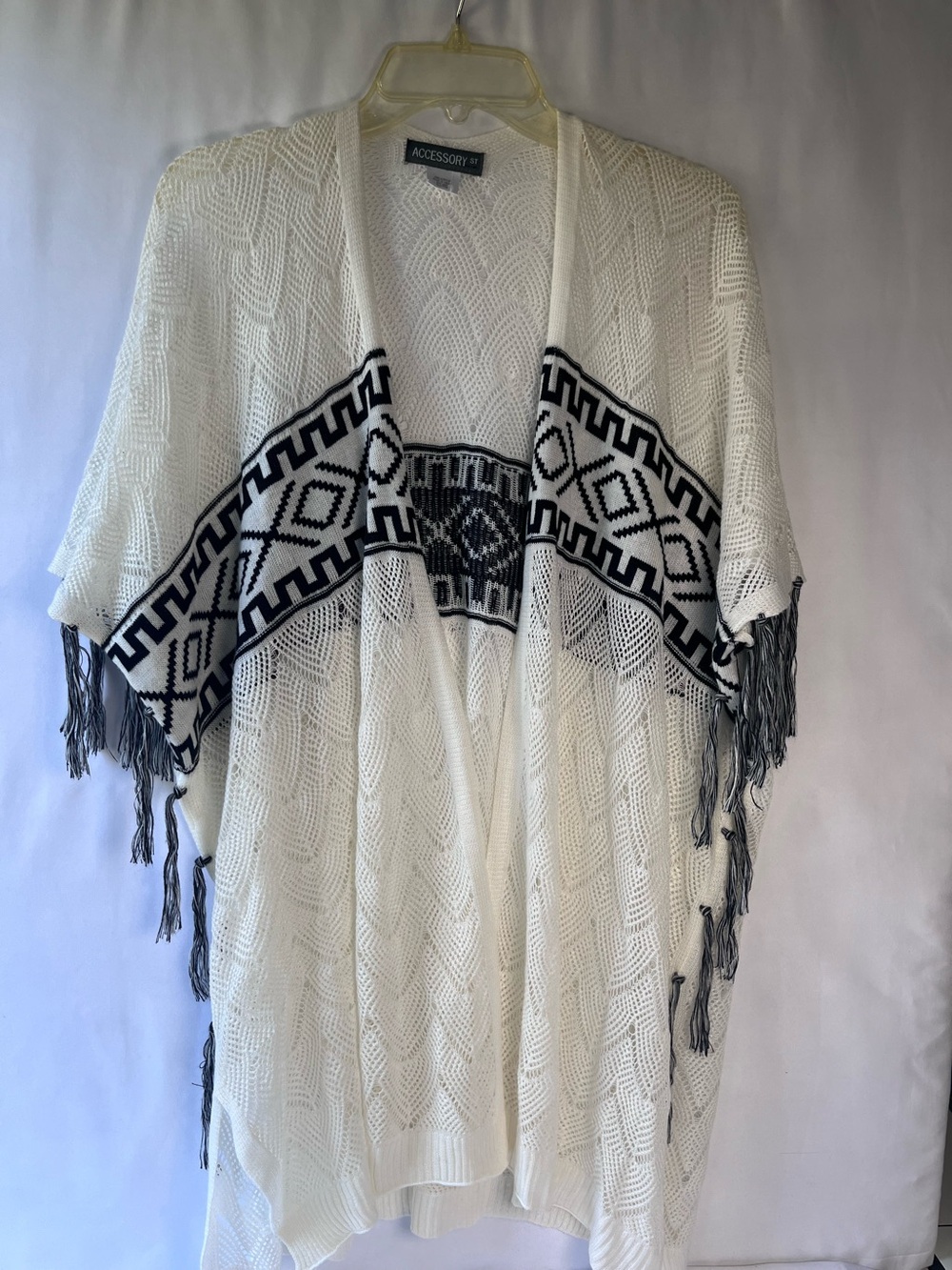 Accessory Street New York White Knit Fringe Bohemian Poncho One Size